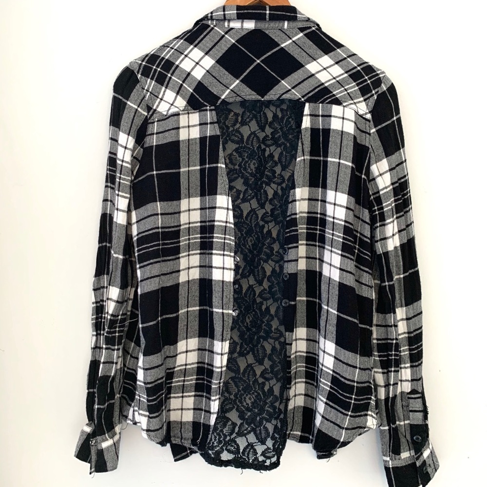 Black & White Plaid Shirt with Black Lace Back
